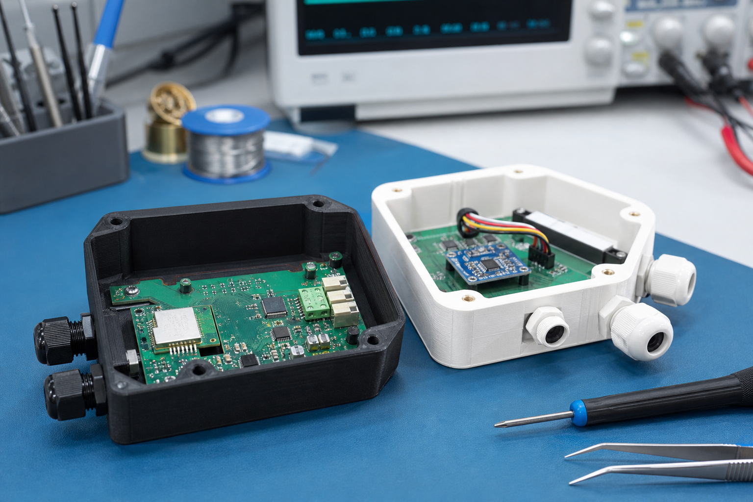Custom 3D printed PCB enclosures with electronics boards installed