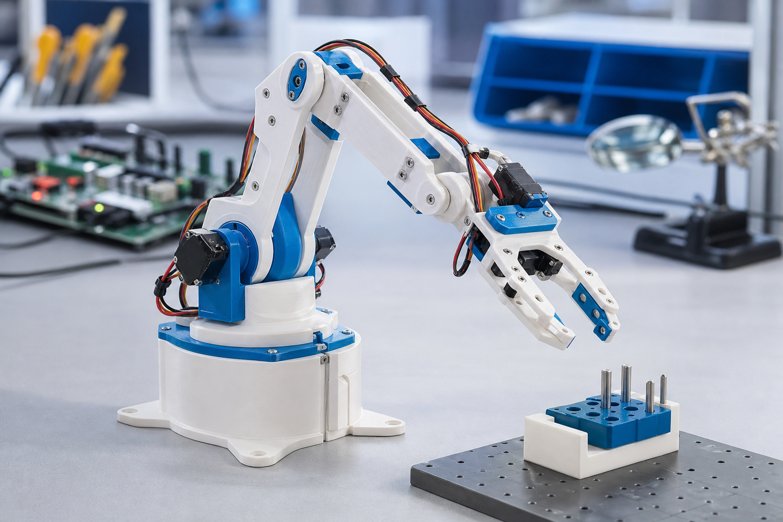 3D printed robotic arm prototype with motors and wiring
