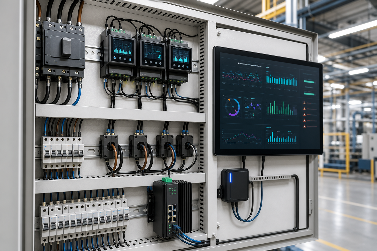 Industrial energy monitoring panel with meters, CT sensors, edge gateway, and dashboard