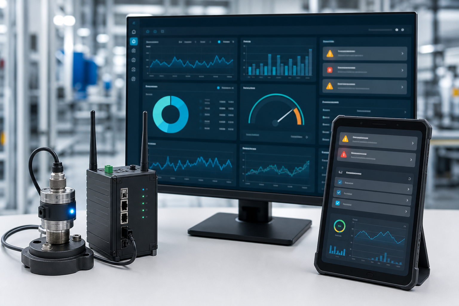 IoT alert dashboard and mobile maintenance workflow connected to edge gateway