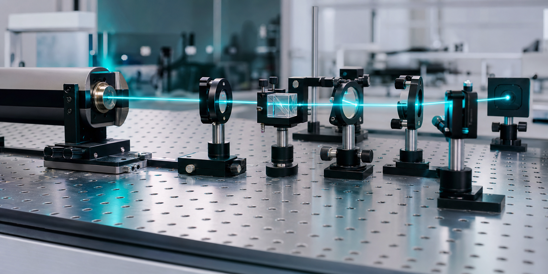 Laser beam aligned through precision optical mounts on an optical table
